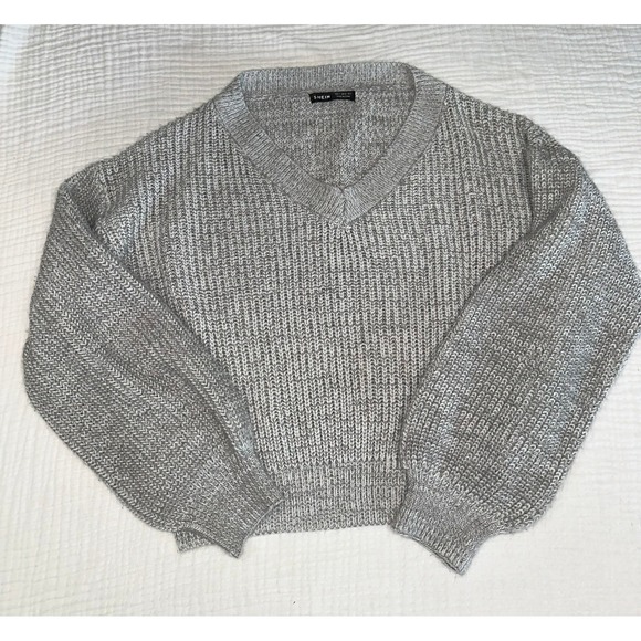 SHEIN Gray Knit V Neck Cropped Sweater Women's Size Small Fall Winter - Picture 1 of 5